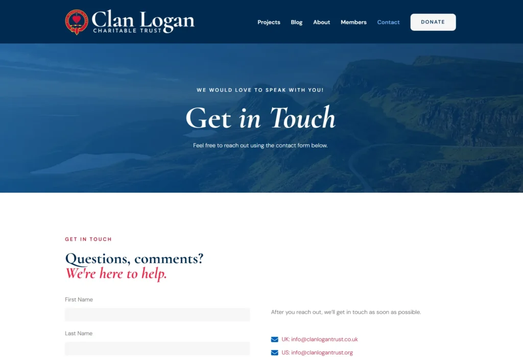 clan logan trust website design - contact